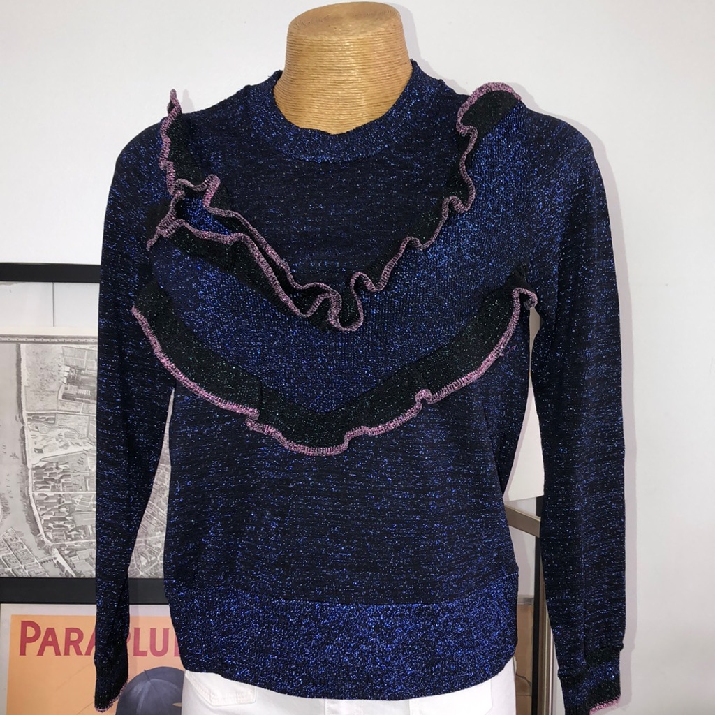 Bimba Y Lola Metallic Elegant Navy Blue Sweater With Ruffle Details Size M